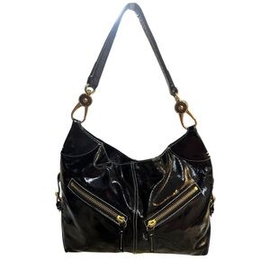 Dooney & Bourke Black Patent Leather Hobo Bag – Zip Pocket Slouch Style